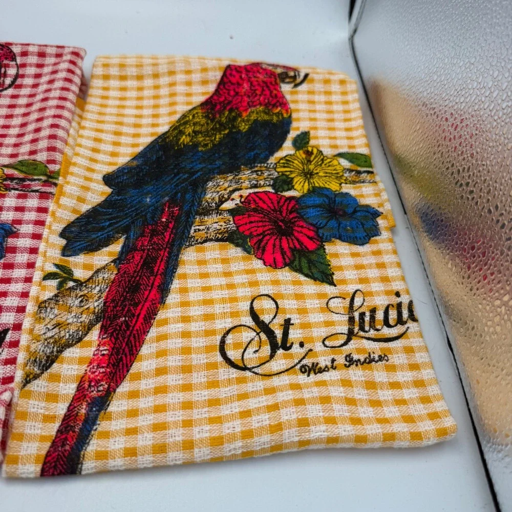 Vintage 60s 70s St Lucia West Indies Tea Towels Set of 3 Crisp Gingham NWOT